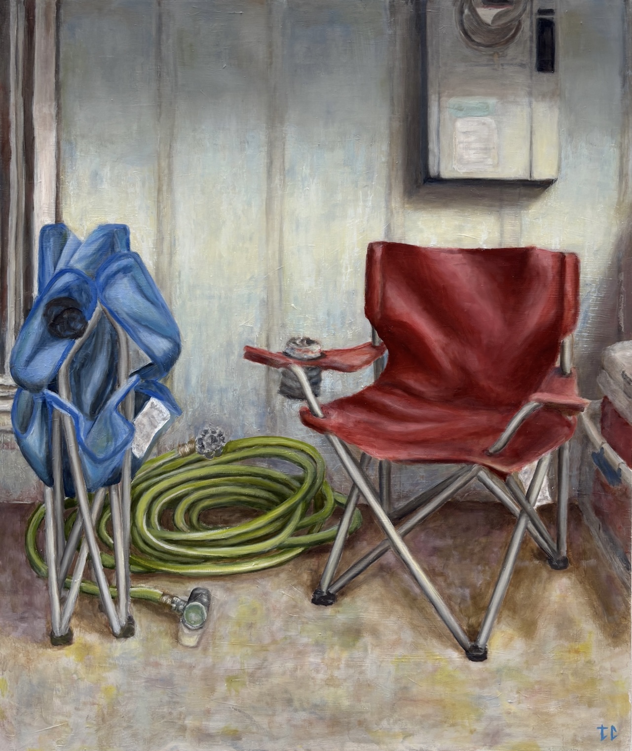 Oil painting of folding chairs, a garden hose, and an outdoor wall