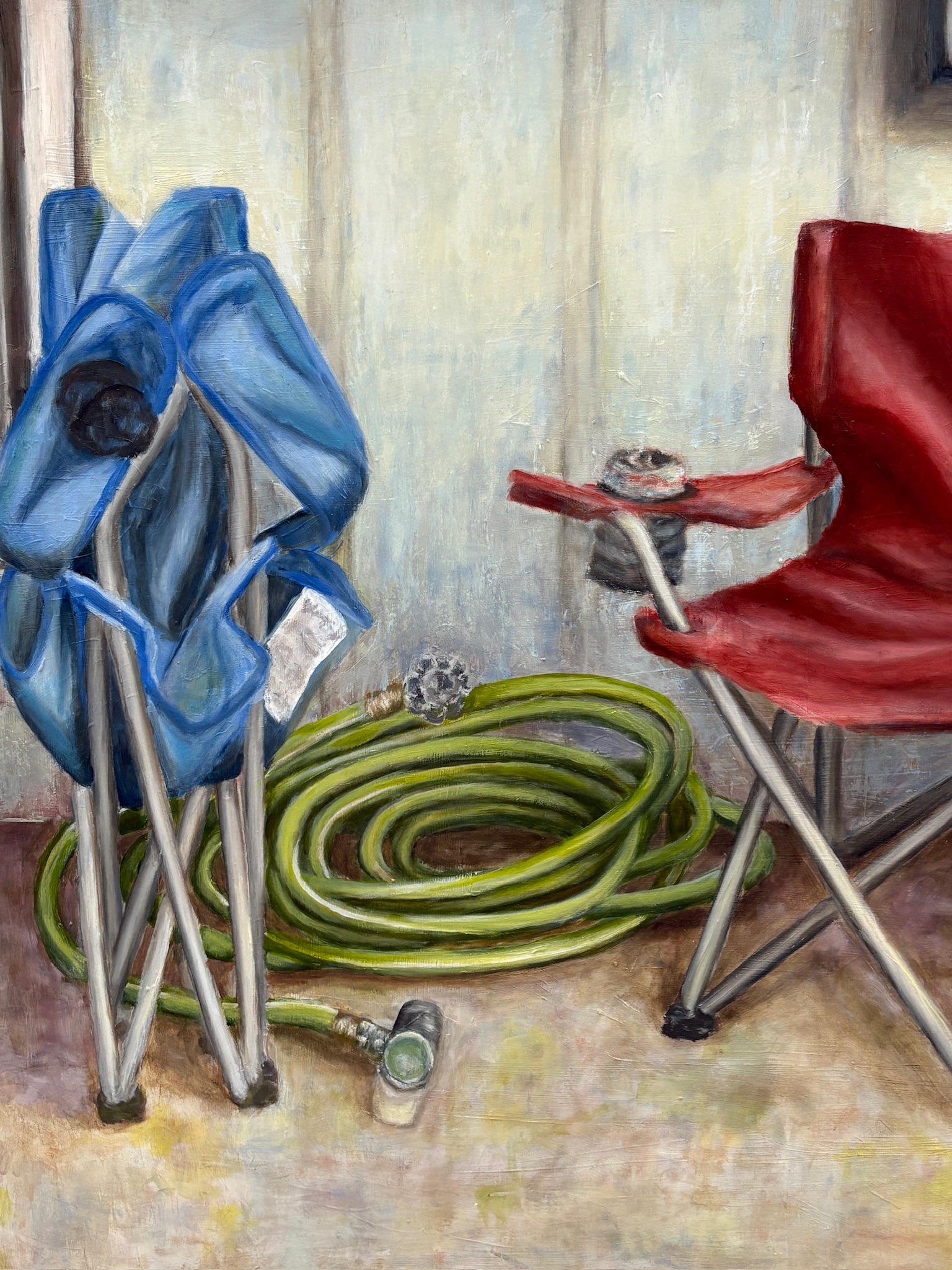 Oil painting of folding chairs, a garden hose, and an outdoor wall detail view