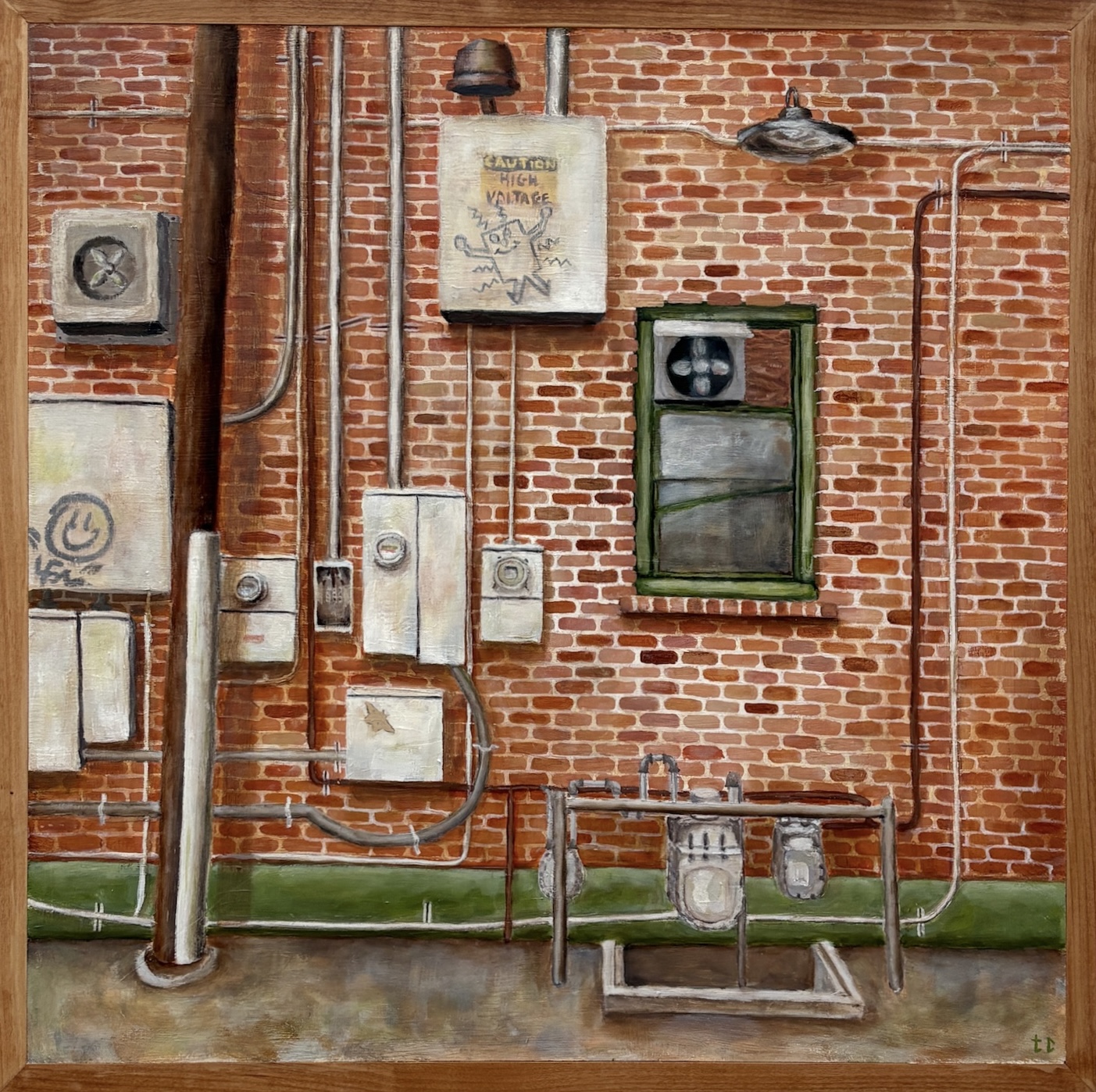 Oil painting of a brick wall with pipes, meters, and a window