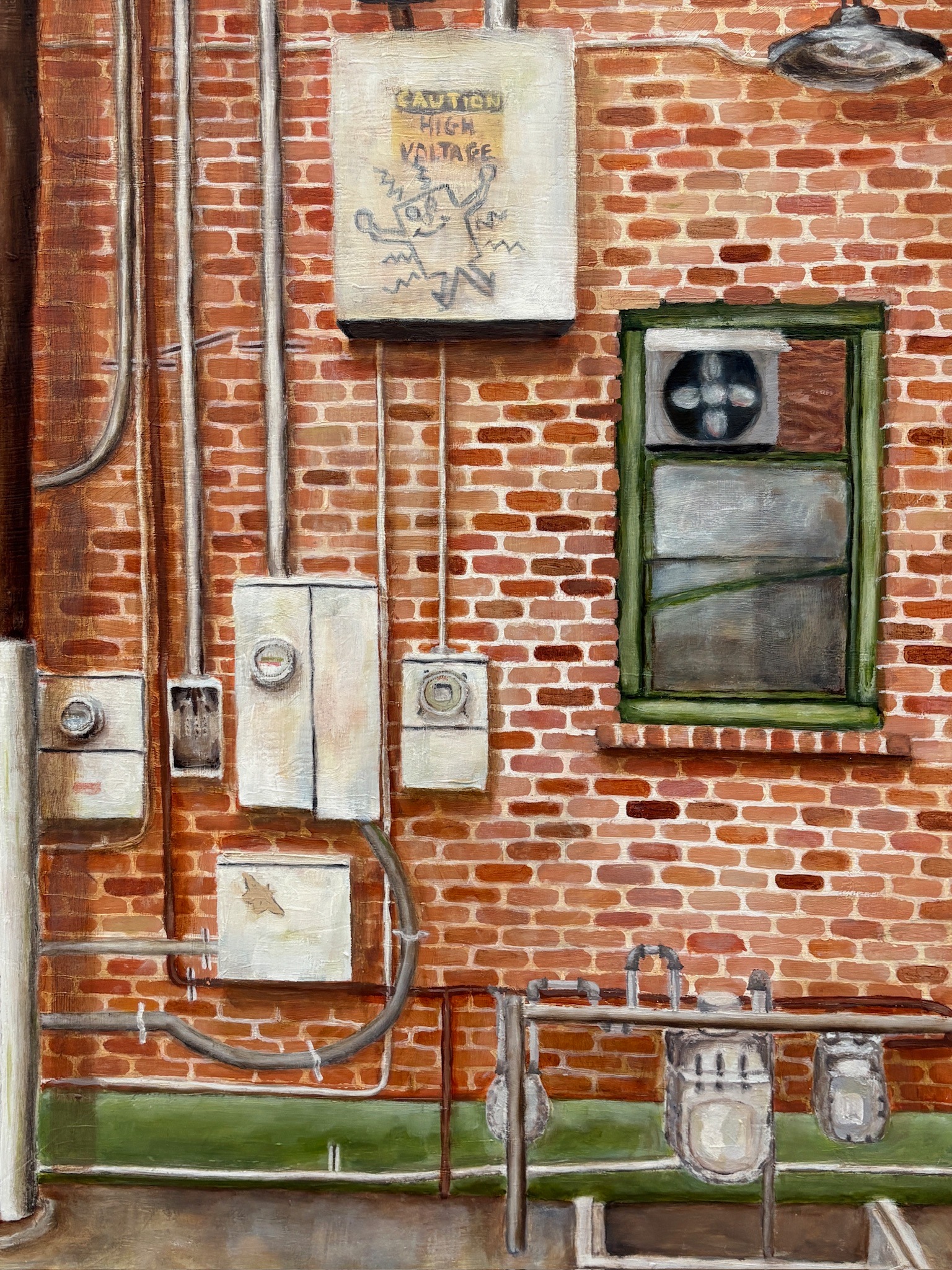 Oil painting of a brick wall with pipes, meters, and a window detail view