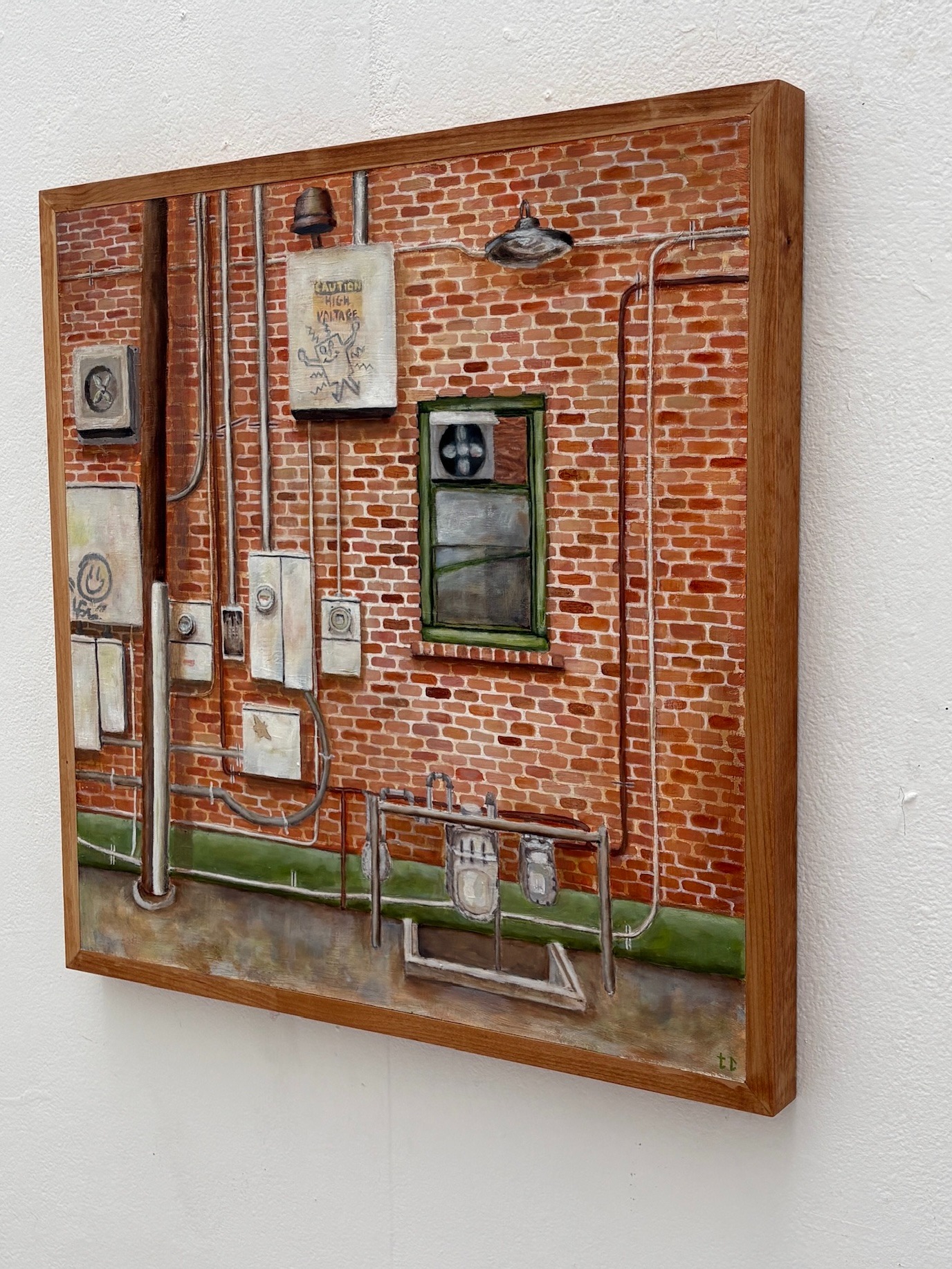 Oil painting of a brick wall with pipes, meters, and a window detail view