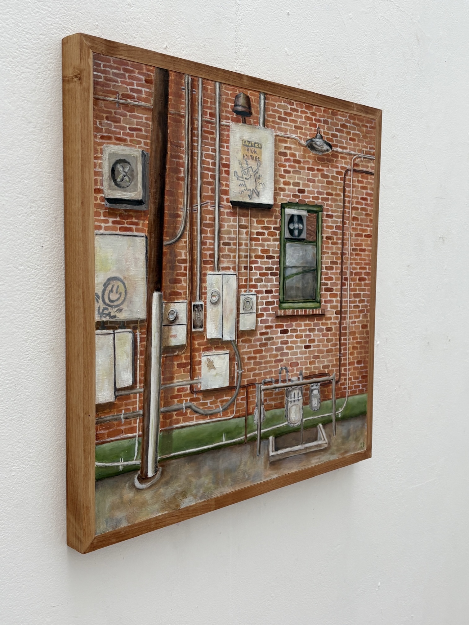 Oil painting of a brick wall with pipes, meters, and a window detail view