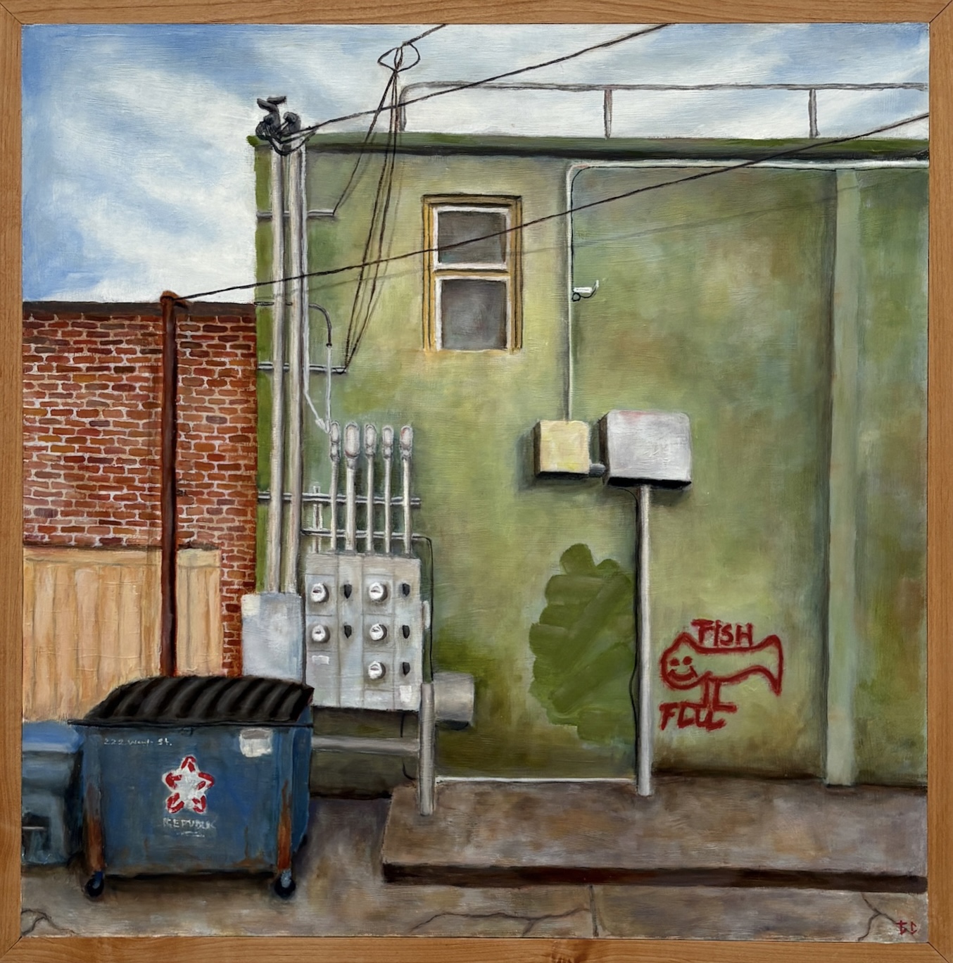 Oil painting of an alley wall with a dumpster and fish graffiti