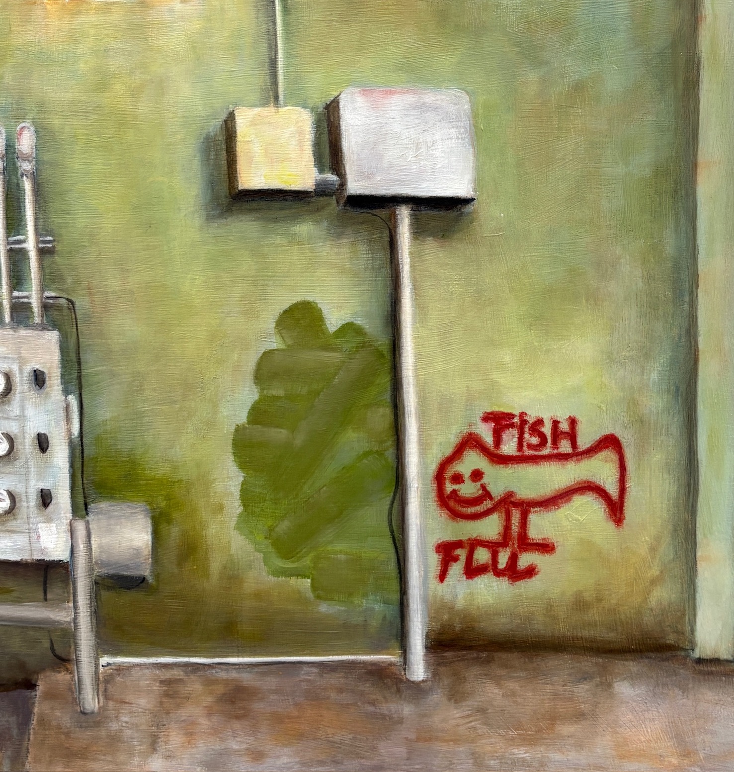 Oil painting of an alley wall with a dumpster and fish graffiti detail view