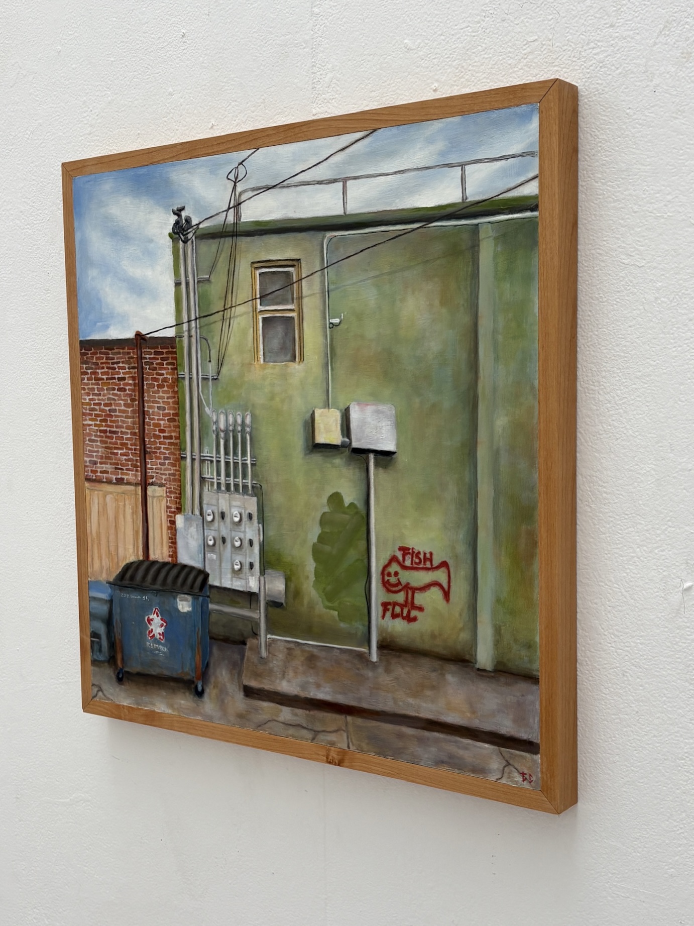 Oil painting of an alley wall with a dumpster and fish graffiti detail view