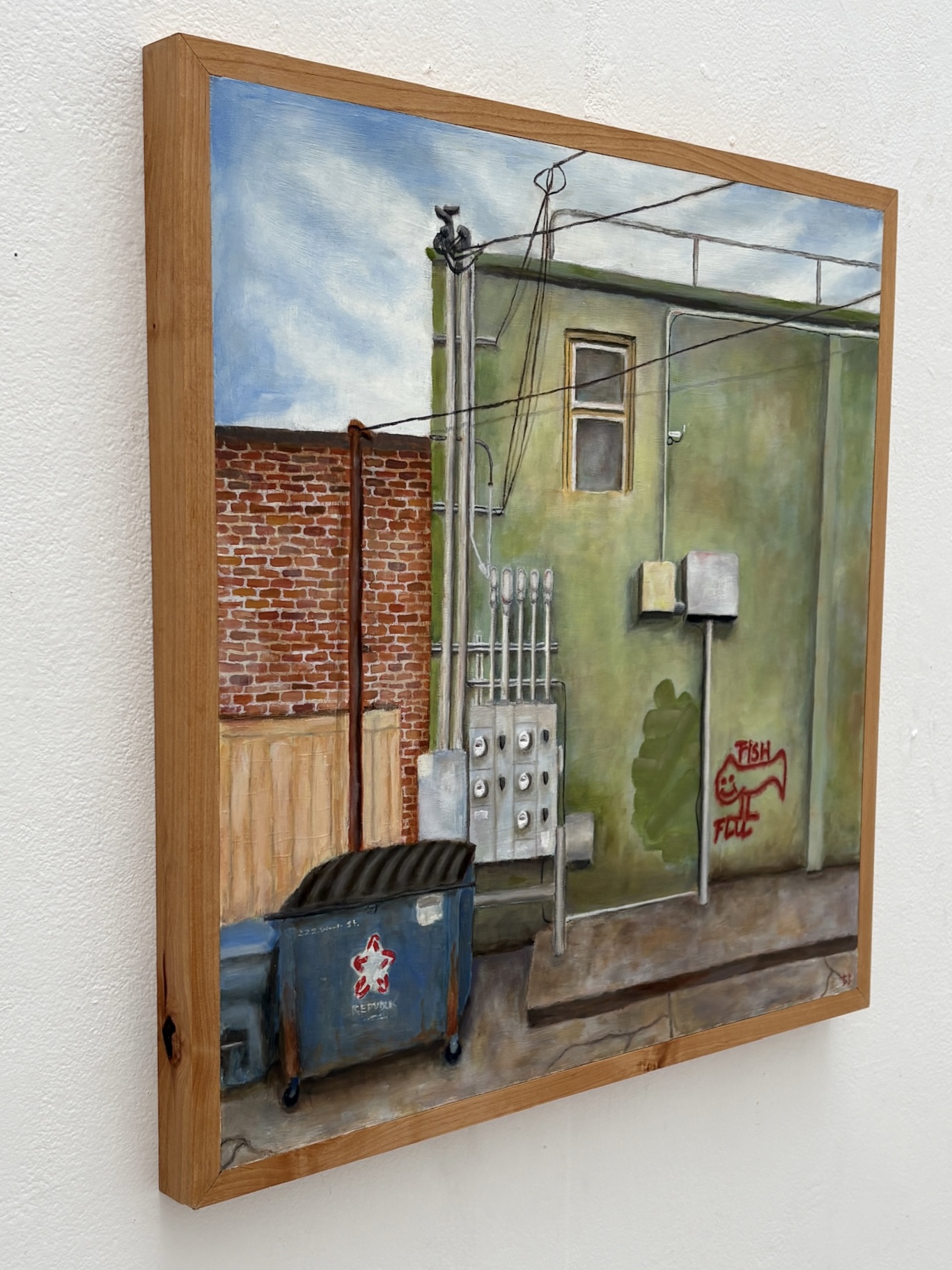 Oil painting of an alley wall with a dumpster and fish graffiti detail view