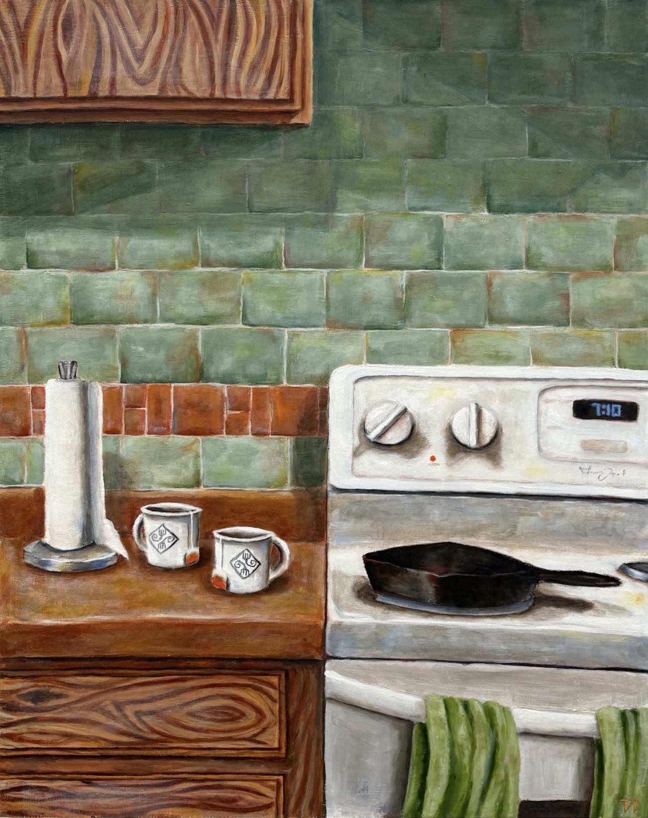 Oil painting of a kitchen stove, mugs, and green tile