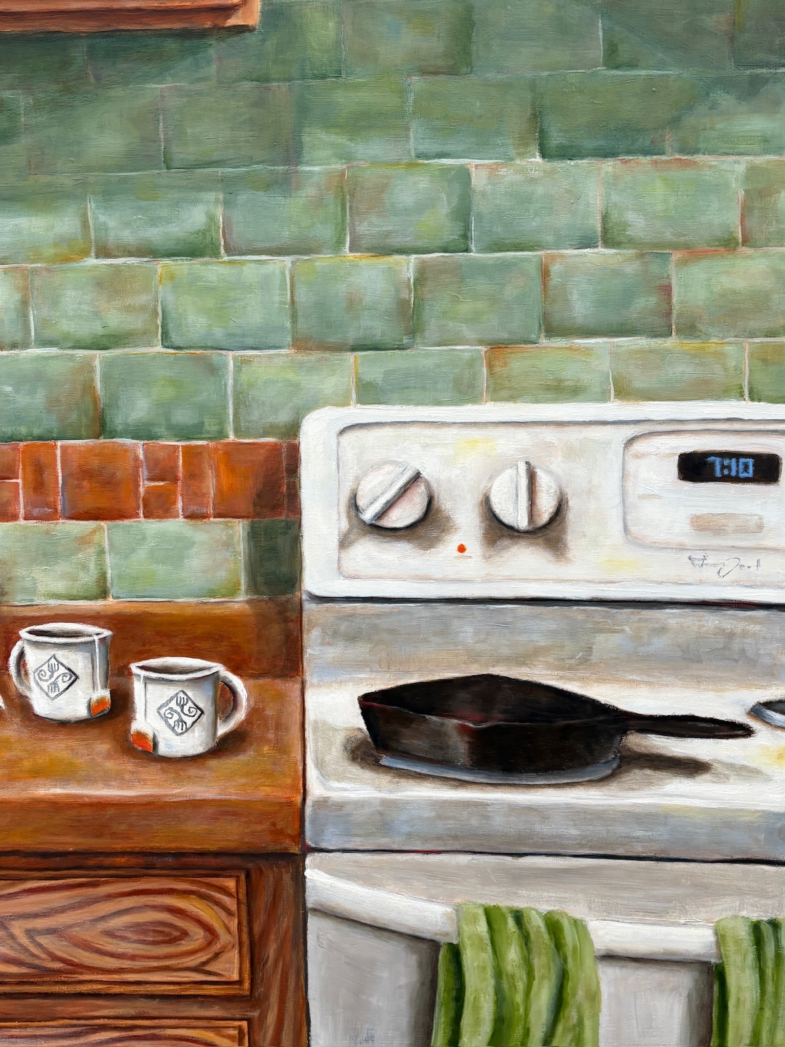 Oil painting of a kitchen stove, mugs, and green tile detail view