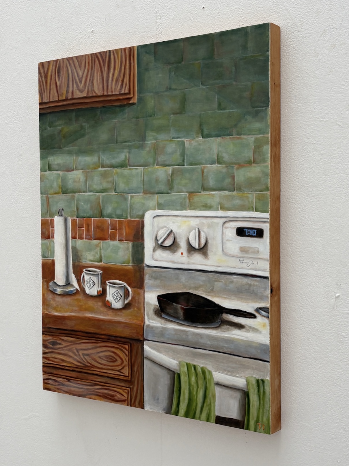 Oil painting of a kitchen stove, mugs, and green tile detail view