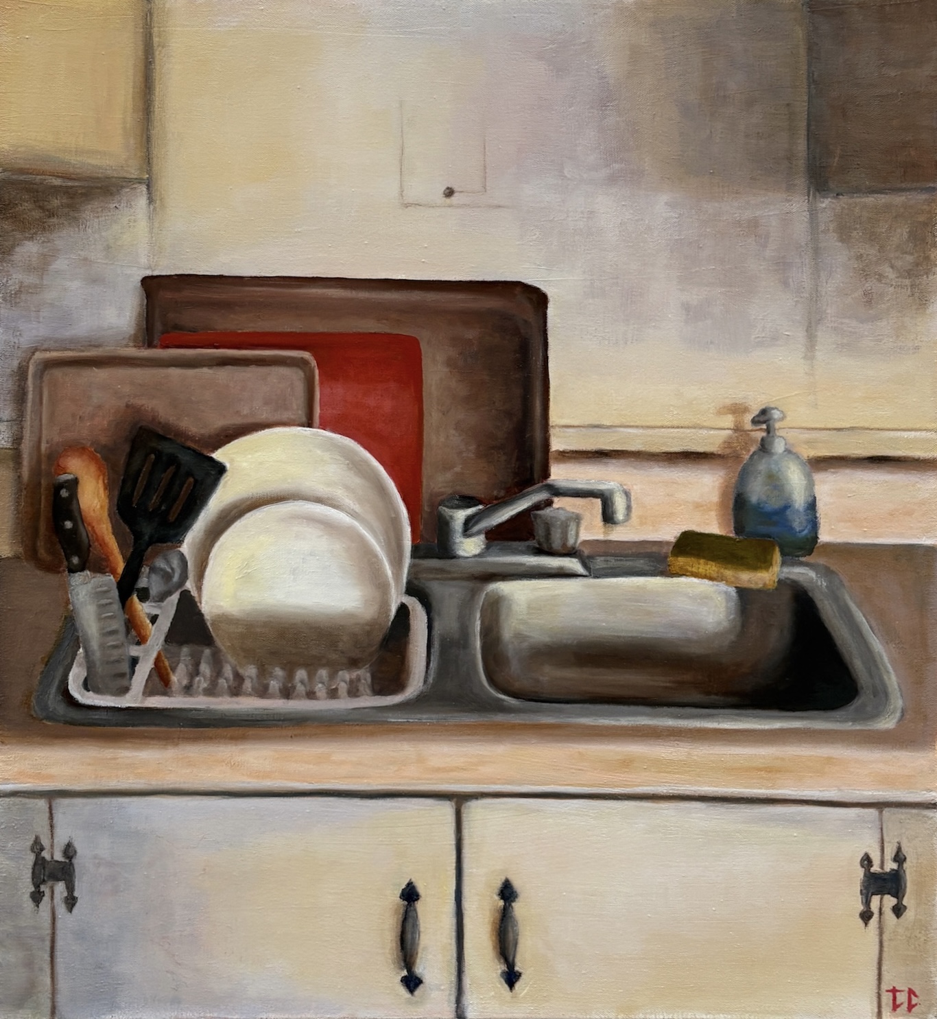 Oil painting of a kitchen sink with dishes and utensils