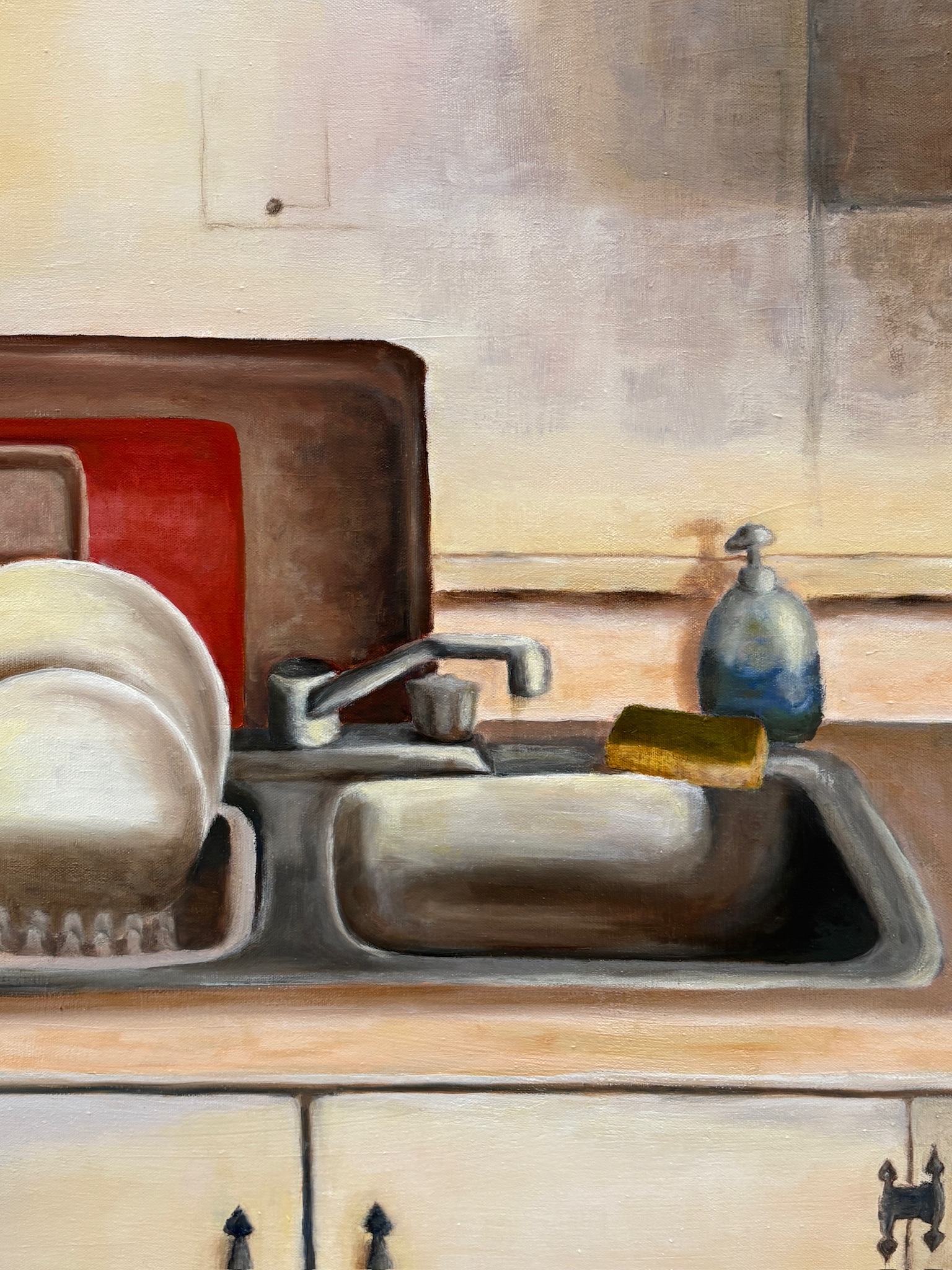 Oil painting of a kitchen sink with dishes and utensils detail view
