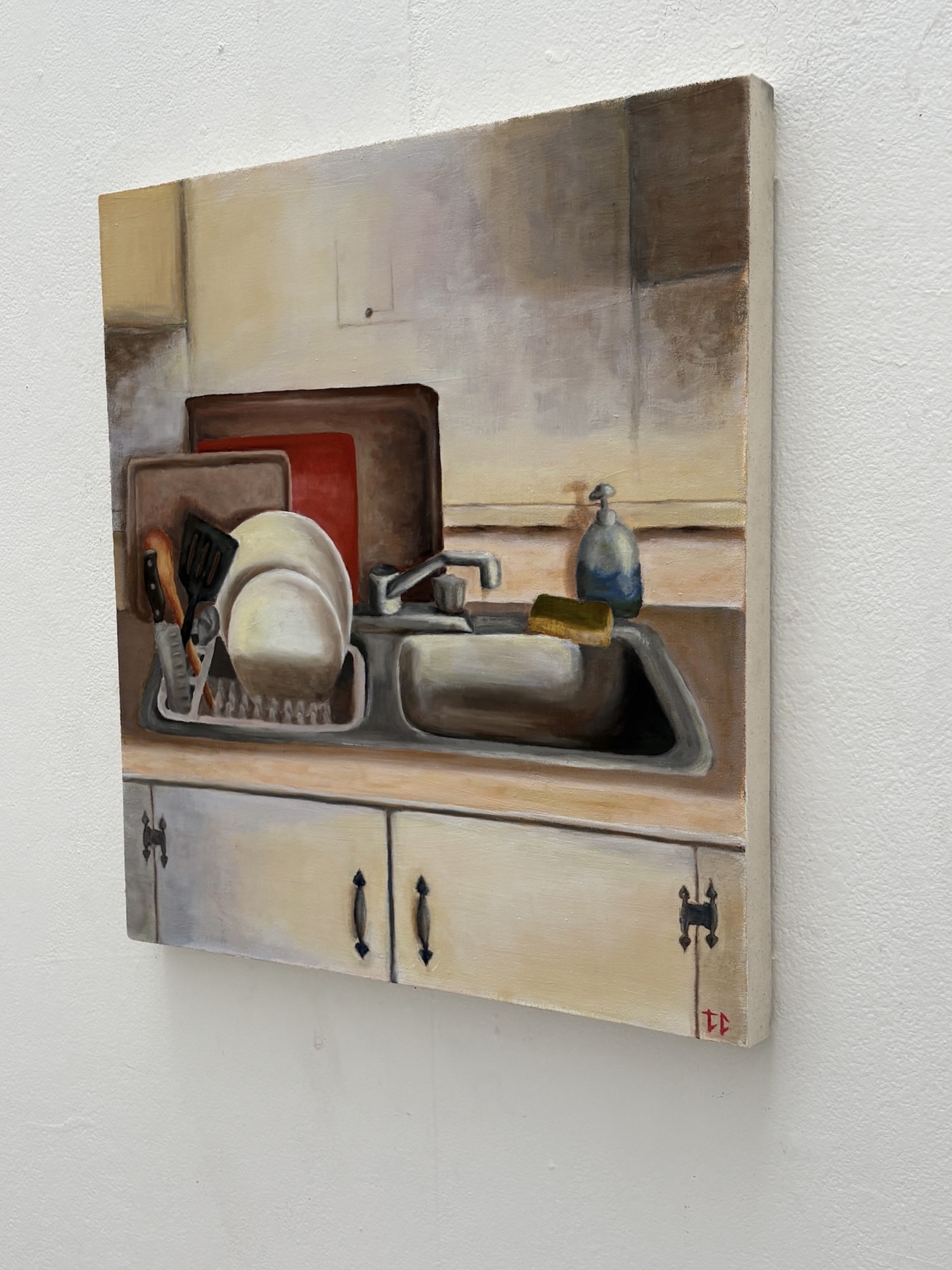Oil painting of a kitchen sink with dishes and utensils detail view