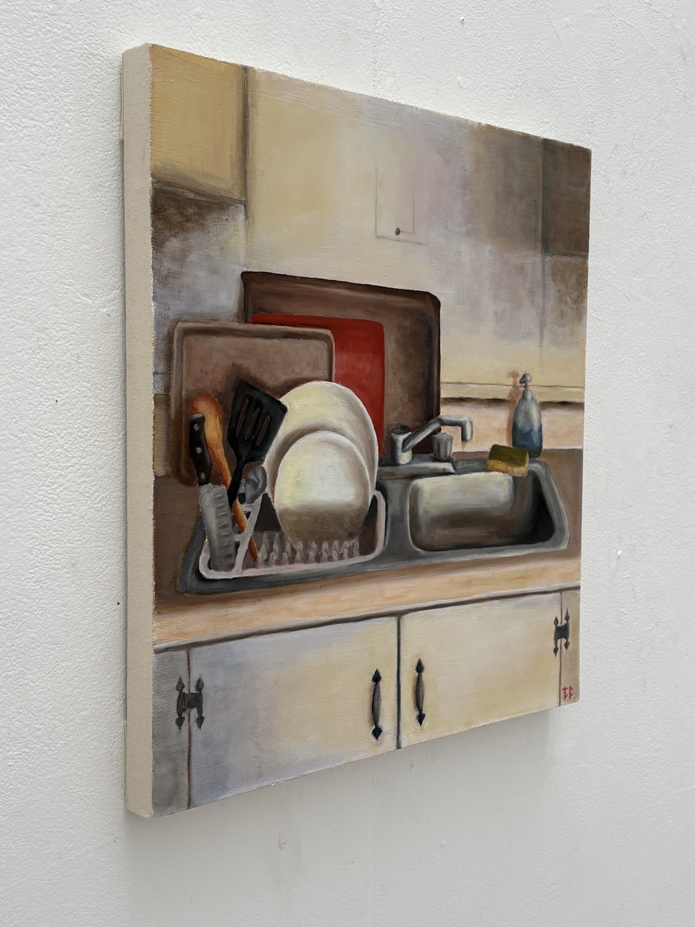Oil painting of a kitchen sink with dishes and utensils detail view